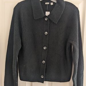 GAP Women's So Soft Collared Cropped Cardigan Black Ribbed Sweater